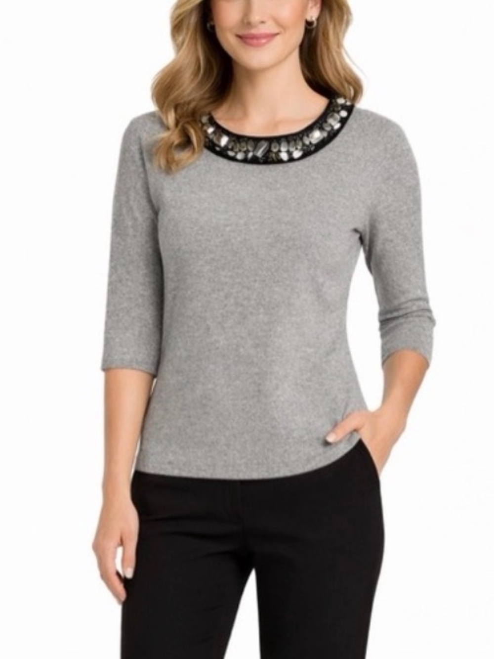 100% Cashmere Embellished Neckline Sweater Gray Soft Knit Size XL